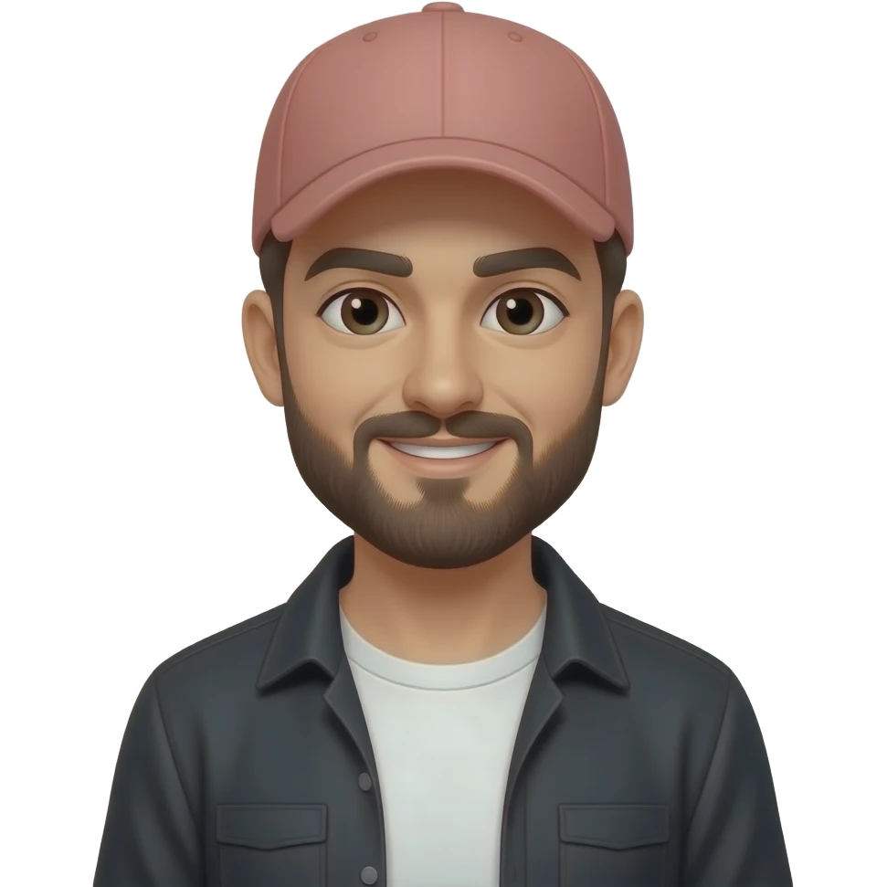 Dark haired, bearded guy in a light-red cap with a camera. He's wearing a white tshirt and a black overshirt emoji