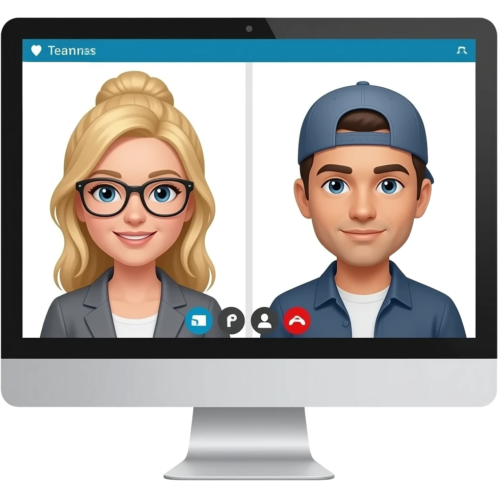 virtual meetings on computer screens amongs teammates: 2 girls (1 blonde, 1 ash gray with updo and black-framed glasses), 2 white guys (1 with black hair, 1 with ballcap) emoji