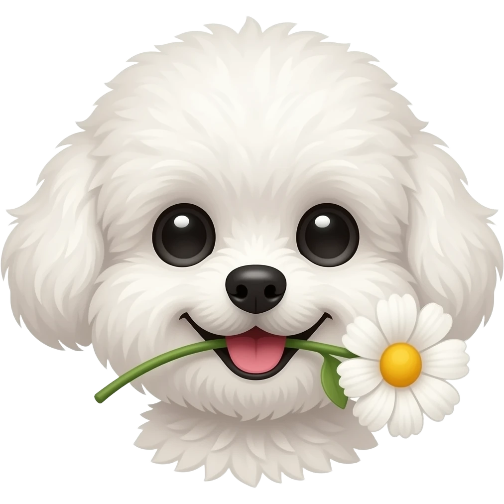 Very small fluffy most cutty dog, happy, white, for profile, look front, holding flower using mouth emoji