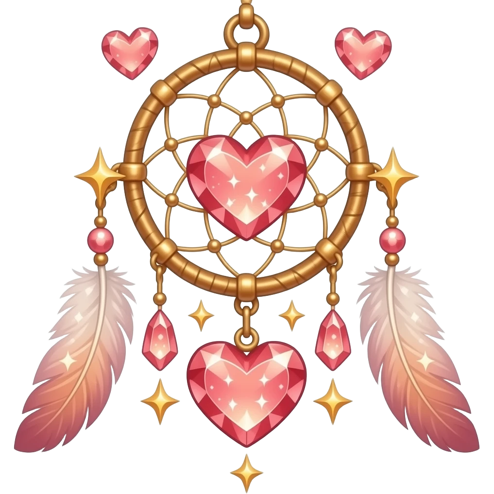 Reddish-pinkish and golden warm-colored romantic lush beautiful pretty hanging crystal-catcher aesthetic with hearts and sparkles and feathers emoji