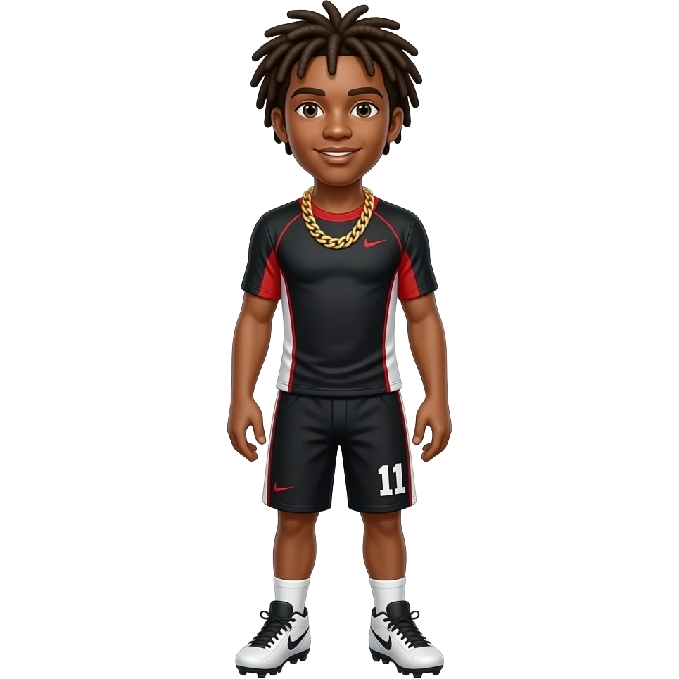 Brown skin teenager with dreads with gold chain with black and red white compression shirt they say the tribe with black shorts with #11 on it Nike cleats standing with football emoji
