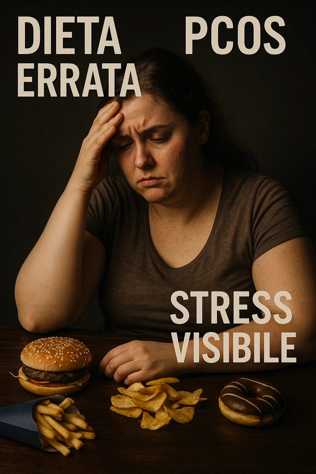 Donna con PCOS che segue una dieta errata, stress visibile in volto e nel corpo, simboli di alimentazione scorretta, luci drammatiche, didascalie in italiano, aspect ratio 2:3 emoji