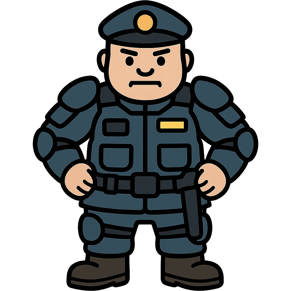 Enhance the vigilante's uniform with visible protections, a bulletproof vest, and security details. The character should have little hair. Transparent background. emoji