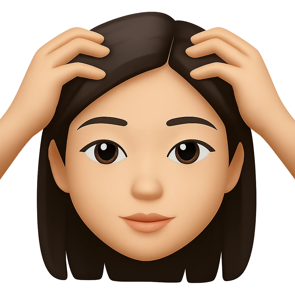 Show only the hands and head of an Asian woman receiving a scalp massage, close-up, with no background, in emoji style look. emoji