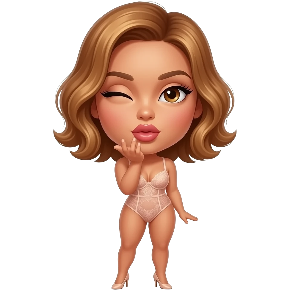 glamours,-tanned,-very-beautiful-woman-with-big-plump-rose-beige-lips,-long-lashes,-honey-silky-very short- hair,-wavy-hair,-hazel-eyes-wearing-nude-lace-lingerie-nude-stilettos-Looks-sexy-winking-blowing-kiss-from-hand-full-body emoji