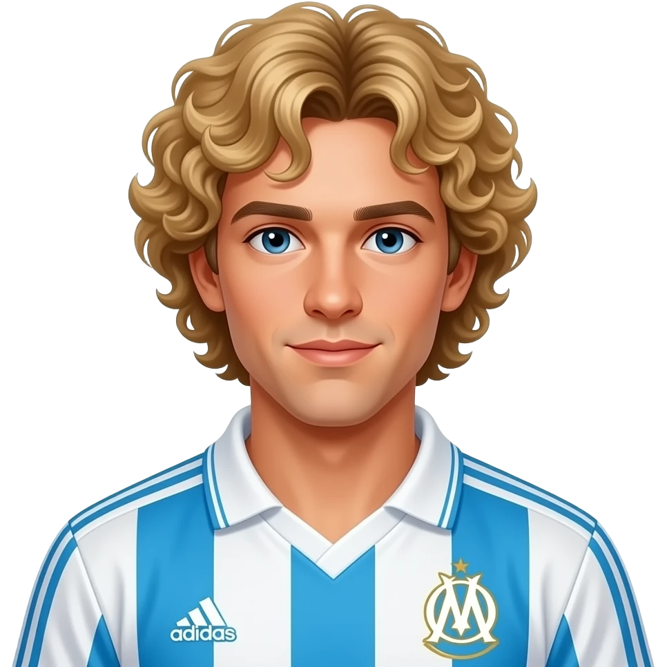 jeune Jean-Pierre Papin (cheveux blond frisés petites boucles sérées) en maillot adidas de l'olympique de marseille des années 1990 emoji