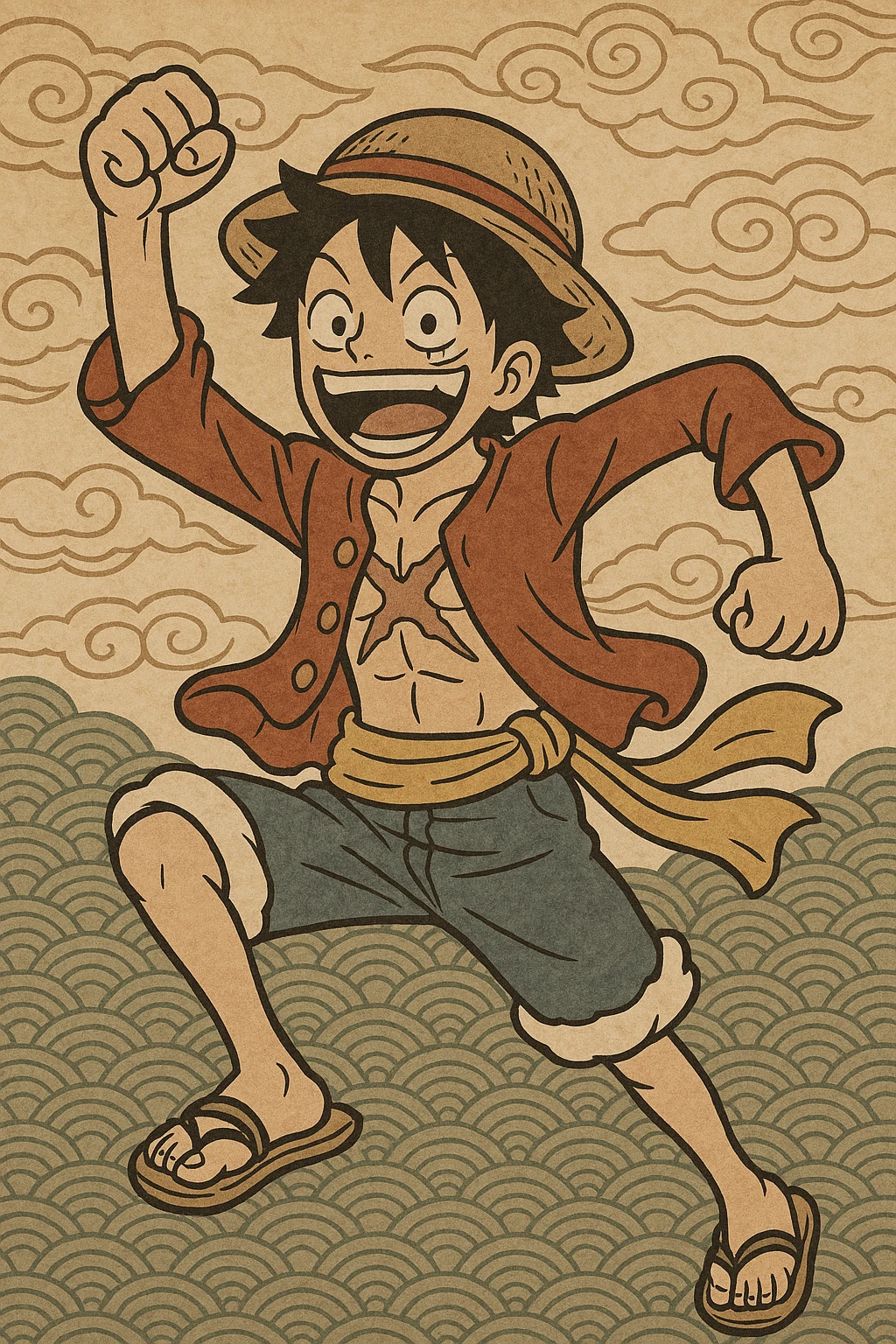 Luffy from One Piece, energetic pose, anime style, red vest, straw hat, blue shorts, iconic grin emoji