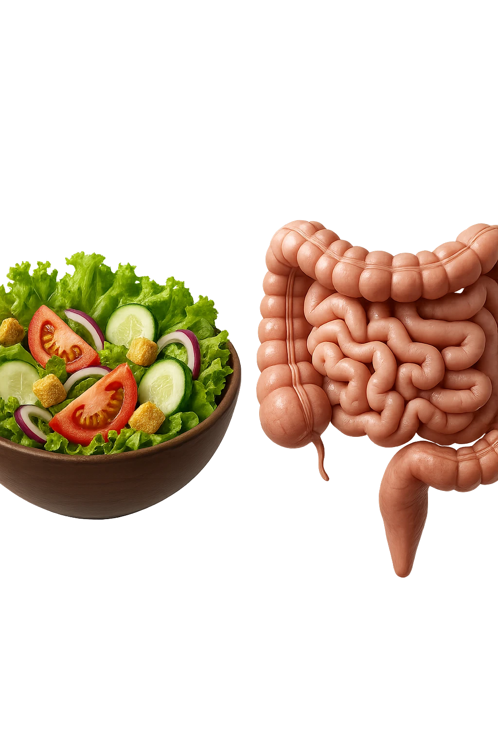 bowl di insalata fluttua in aria insieme ad intestino umano anatomico realistico, IPERREALISTICO 4K emoji