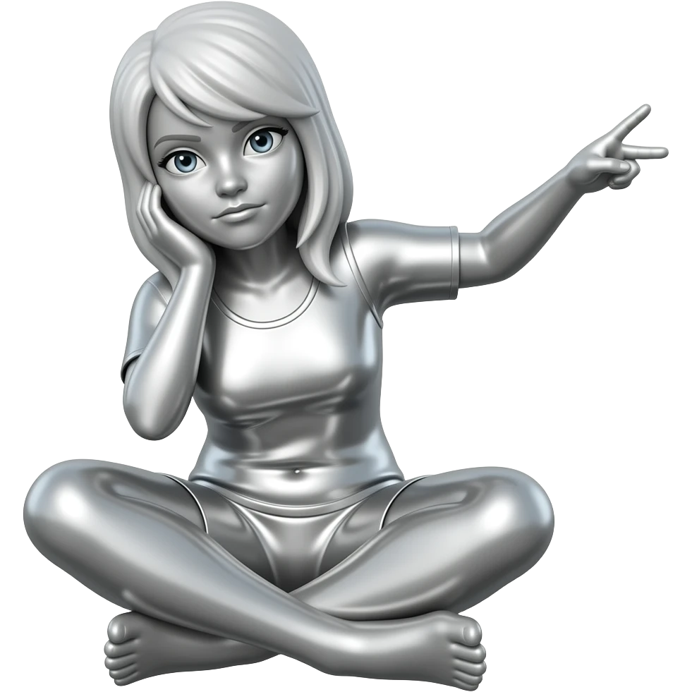 Create an emoji of a seated female figure in metallic silver. The woman is making an ironic gesture. The background is white. The final result must have maximum resolution, high contrast, and extreme sharpness. Illustration style: Vintage – Art Deco – 2D emoji