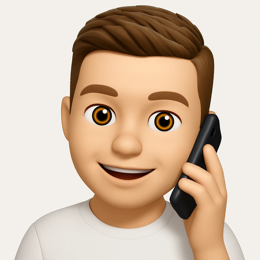 Based on these photos, make an emoji with facial features preserved, a man in a white t-shirt, talking on the phone emoji