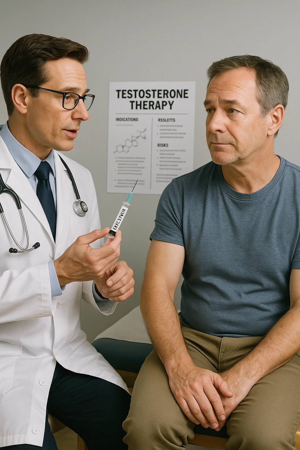 a doctor in a white coat prepares a syringe labeled “Testosterone” while a middle-aged man sits calmly on the examination table, sleeve rolled up and looking slightly apprehensive but trusting. The doctor explains the procedure, and a medical chart about testosterone therapy is visible in the background. The mood is professional and reassuring. emoji