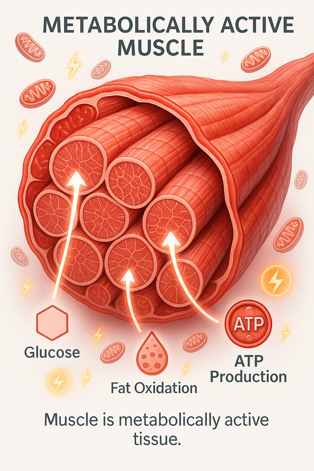 a highly detailed cross-section of human skeletal muscle fibers, shown in vibrant red and pink tones, with visible striations and realistic texture. Glowing arrows and animated icons represent active metabolic processes—such as glucose uptake, fat oxidation, and ATP production—occurring within the muscle tissue. Surrounding the muscle, floating symbols for mitochondria and energy highlight its metabolic activity. The background is clean and clinical, with subtle labels and infographics explaining that muscle is a metabolically active tissue. The overall style is modern, scientific, and visually engaging, suitable for educational or medical use. in italiano emoji