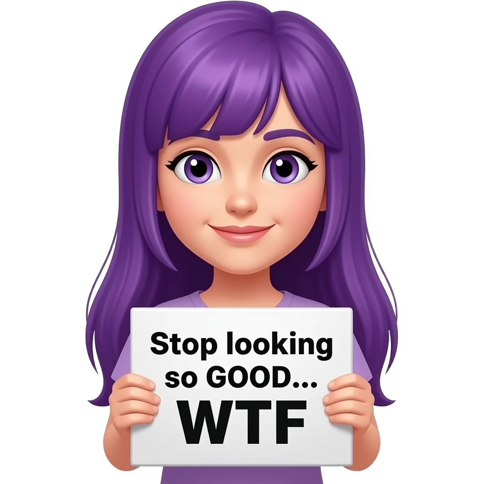 girl with long purple hair holding a Stop looking so GOOD... WTF sign emoji