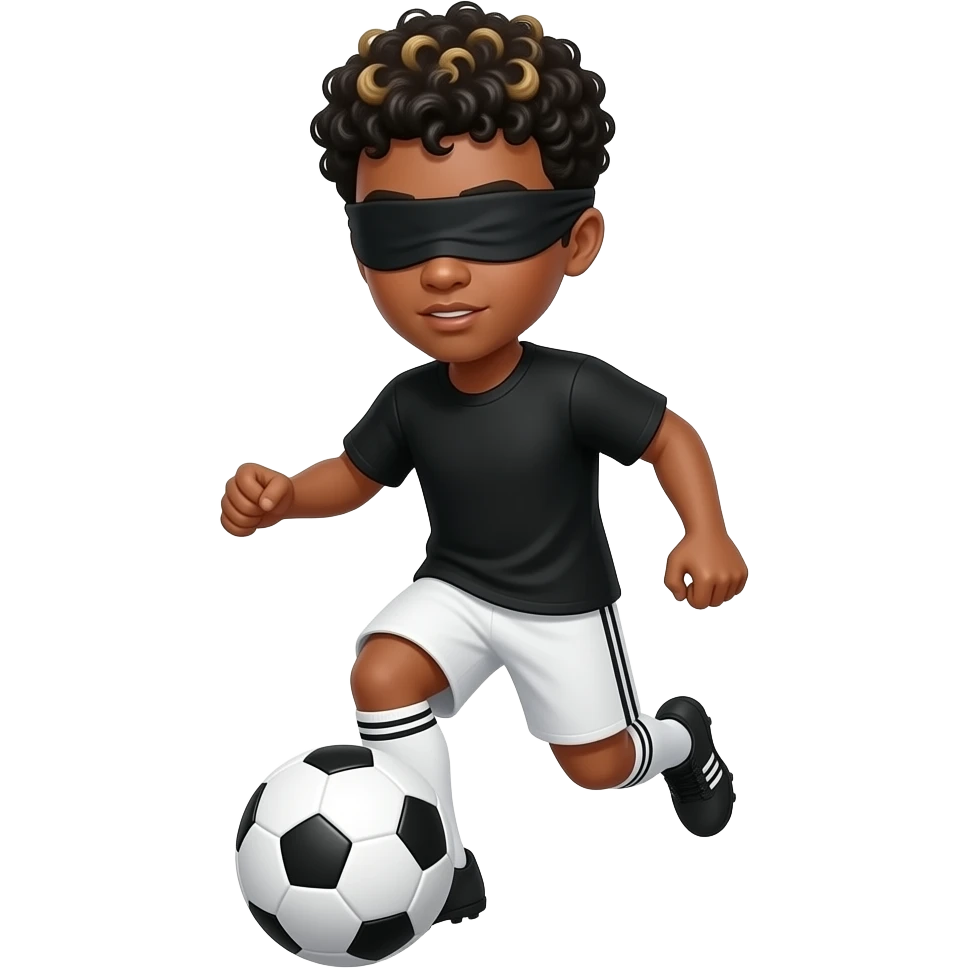 make me a soccer player dribbling the ball blindfolded mke him have black short curly hair with black shirt and short make his skin tone white and give him blond hair higlights emoji