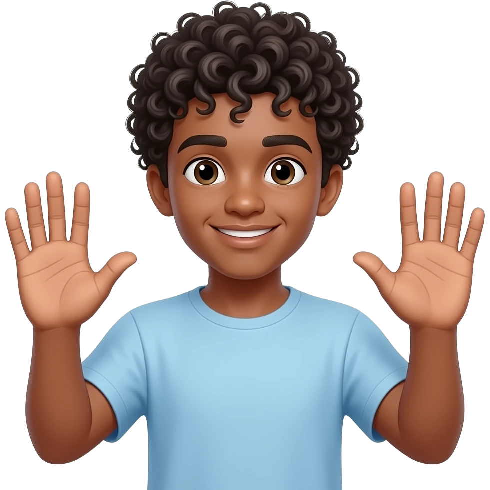 A black male person  with curly hair with  their palms out all the way and 18 years old emoji