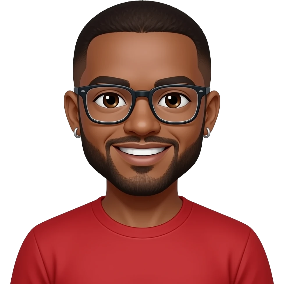 caramel skin man in his 20s with buzzcut. dark brown eyes. beard. glasses. smiling. wearing a red t-shirt. earrings. emoji