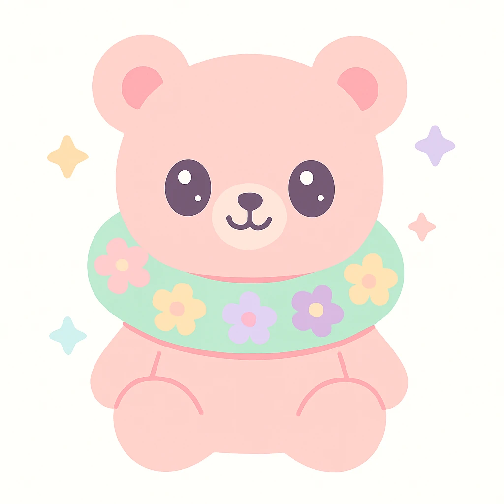 pink teddy bear wearing a floral neck pillow, cute and friendly, simple background emoji