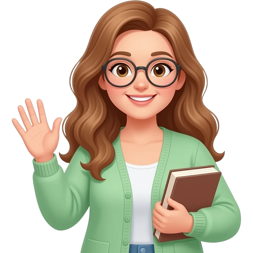 detailed emoji illustration of a curvy woman with long light brown wavy hair, light brown eyes and round glasses waving with one hand while holding a book in the other, wearing a light green cardigan, friendly and cheerful expression, cute emoji style emoji