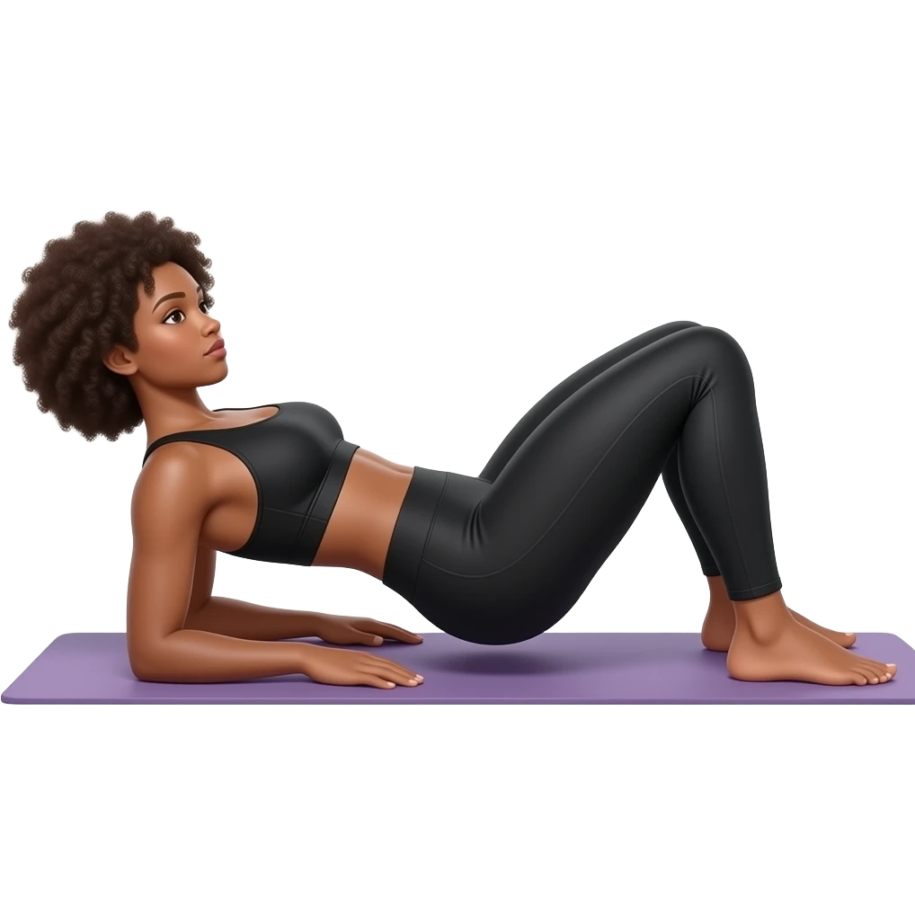 Light-brown Black woman, afro hair, wearing black sports bra and leggings, performing GLUTE BRIDGE WHILE LYING DOWN full body, toned glutes and legs, strong posture, realistic fitness style, clean background, soft lighting. emoji