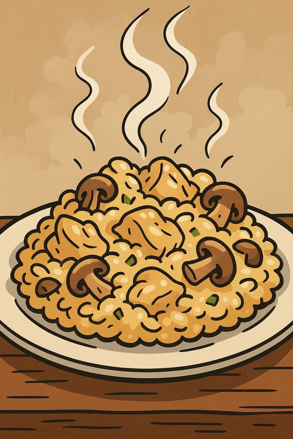 cartoon steaming plate of risotto with chicken and mushrooms, rustic Italian, exaggerated features emoji