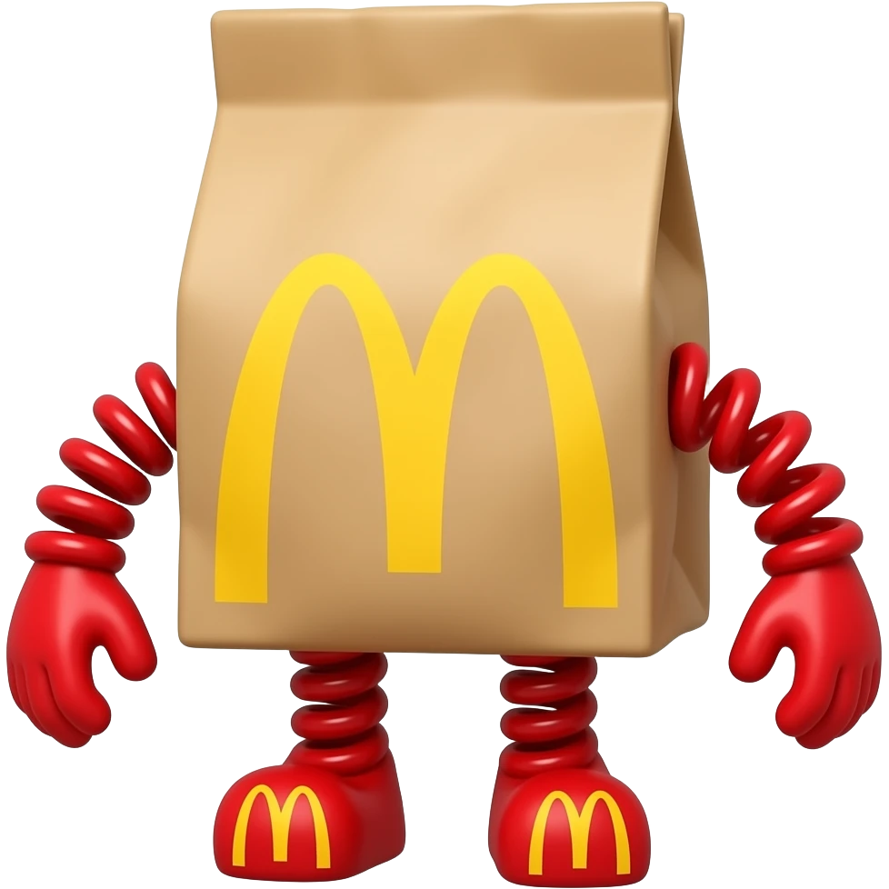 A McDonald's bag with boingi coil red arms and legs and mcdonald box logo feet emoji