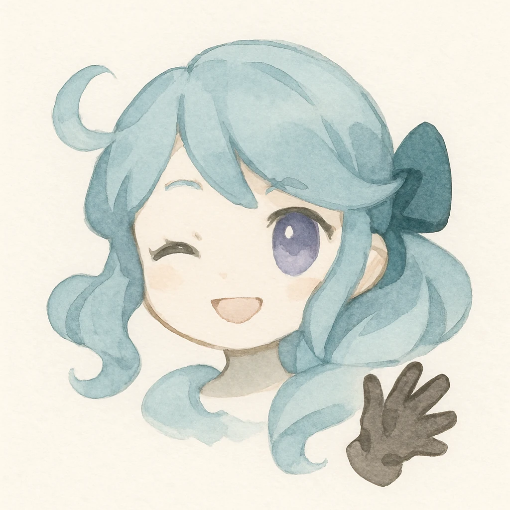 chibi style Gwen from League of Legends, only head, right eye purple, one hand waving with glove, smiling and energetic, watercolor style emoji