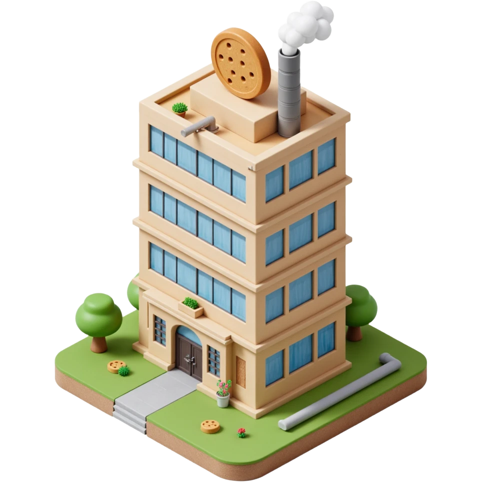 Outside view of a skyscraper-style cookie factory, multiple floors with glass walls, rooftop steam vents, vertical pipes running along the building edges, cookie logo on top, emoji-style emoji