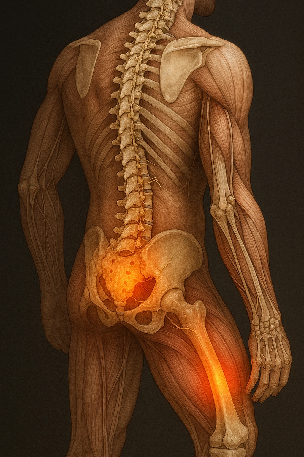 corpo umano anatomico con mal di schiena e al ginocchio, iperrealistico 4k emoji