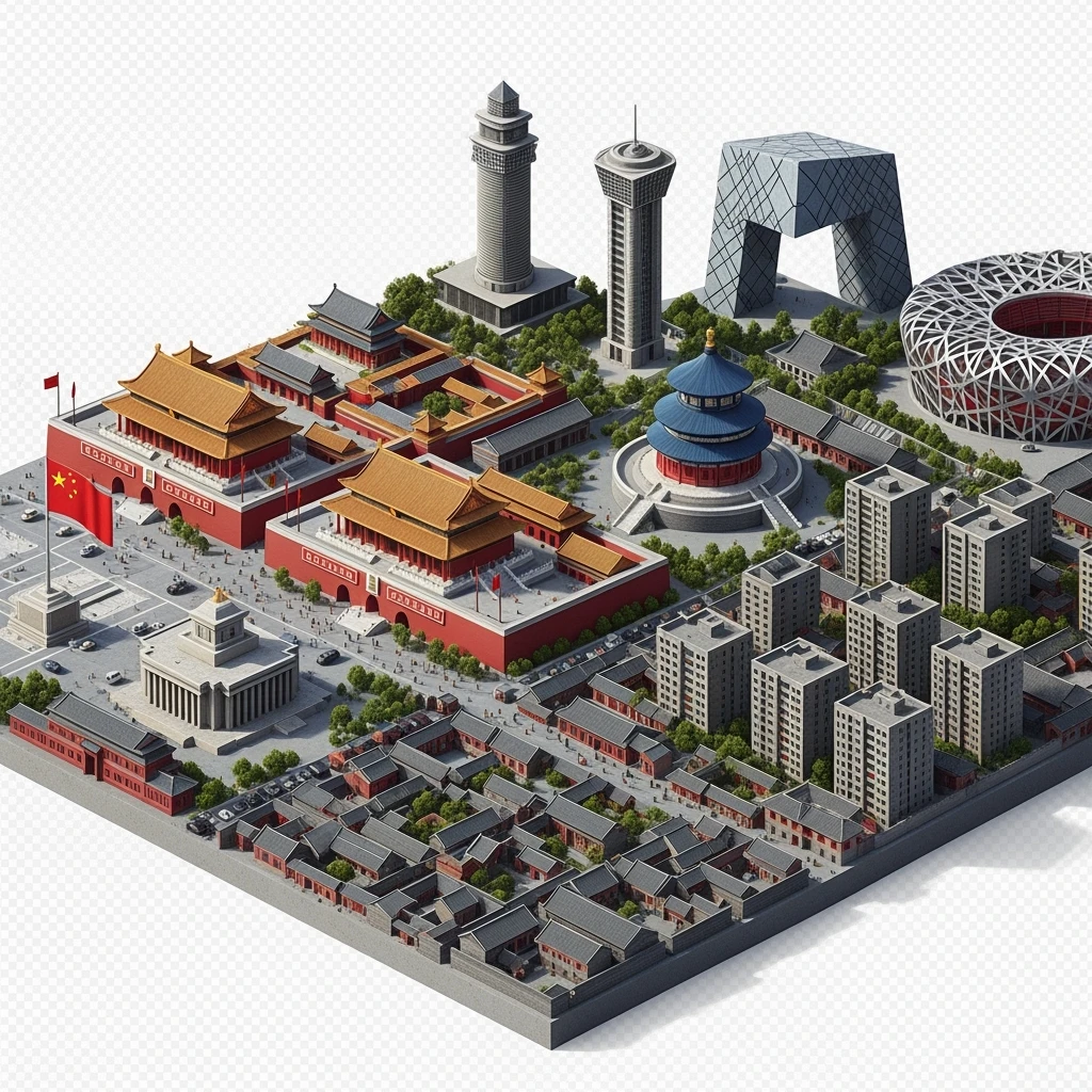 Isometric miniature of Beijing Forbidden City, Tiananmen Square, CCTV Headquarters, Temple of Heaven, Bird’s Nest Stadium and crowded hutong alleys, sprawling apartment blocks, 3D miniature effect and Tilt Shift effect, no cartoonish look, transparent background. emoji