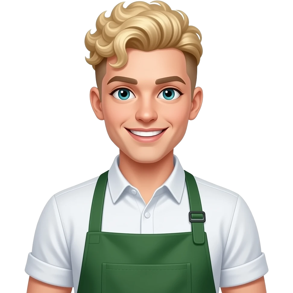 an androgynous lesbian chef with an apron and blonde curls on top and with a tight fade on the sides - androgynous  short sleeve white button up with rolled sleeves, and a forest green apron. blue/green smiling eyes emoji