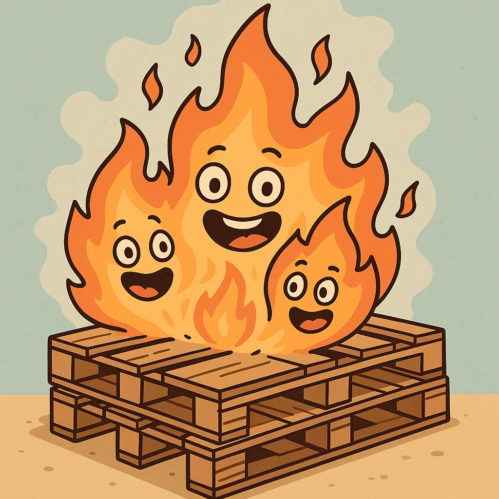 cartoonish pallet bonfire, wooden pallets ablaze, smiling flames, fun and lively, animated look emoji
