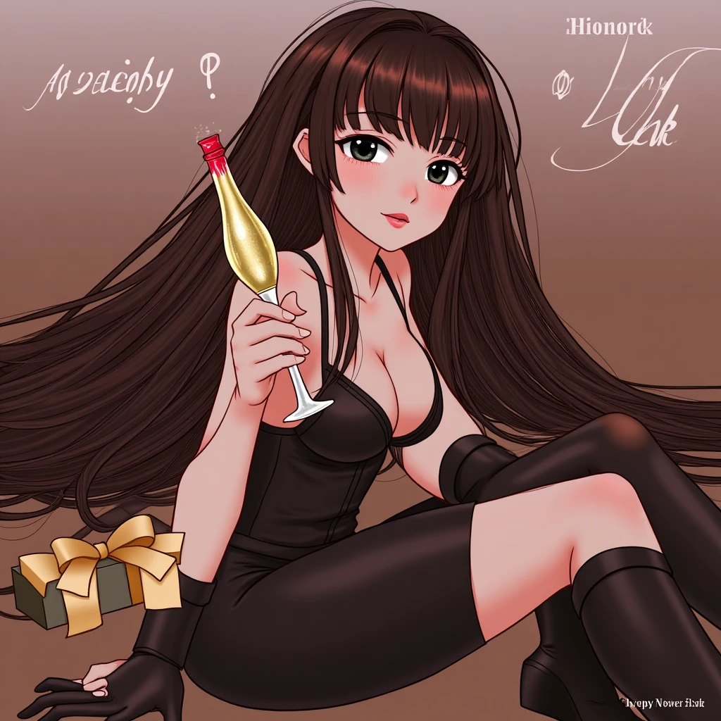 Art of nude woman's very sexy body scheme anatomy-bare shoulders and black eyes-very long straight brunette hair spreading legs and showing her pussy in seductive pose. New year elements: champagne gift emoji