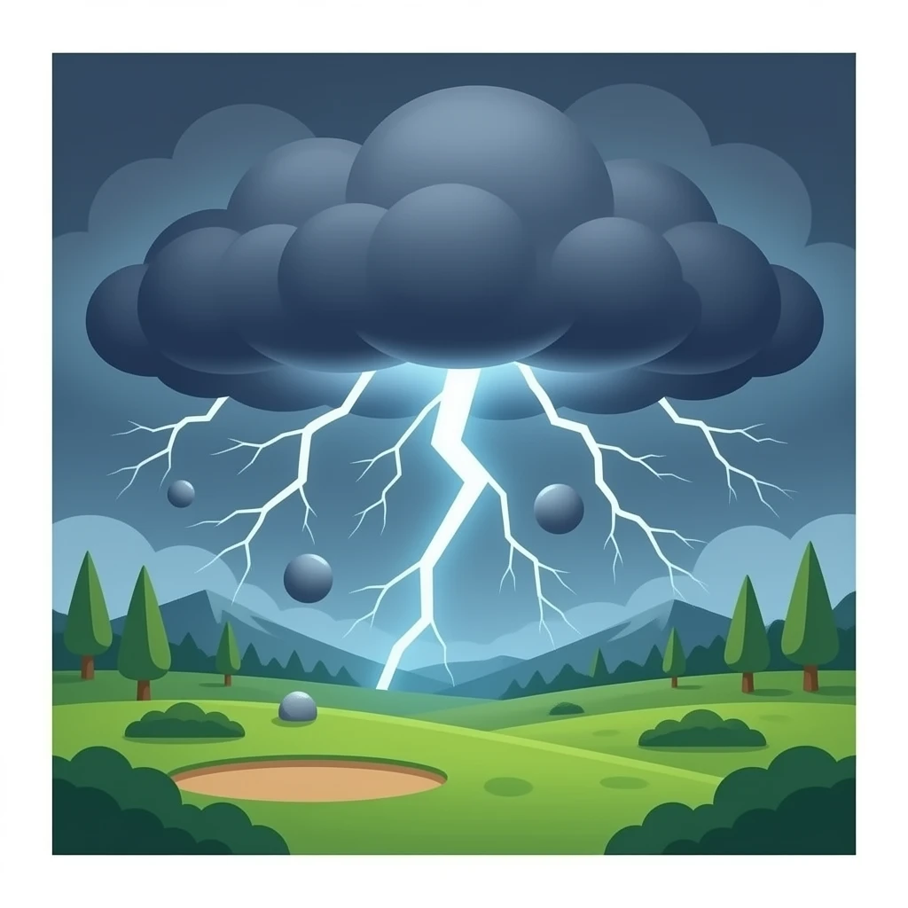 A bad thunderstorm with lightening strikes, dark ominous clouds and and hail the size of golf balls emoji