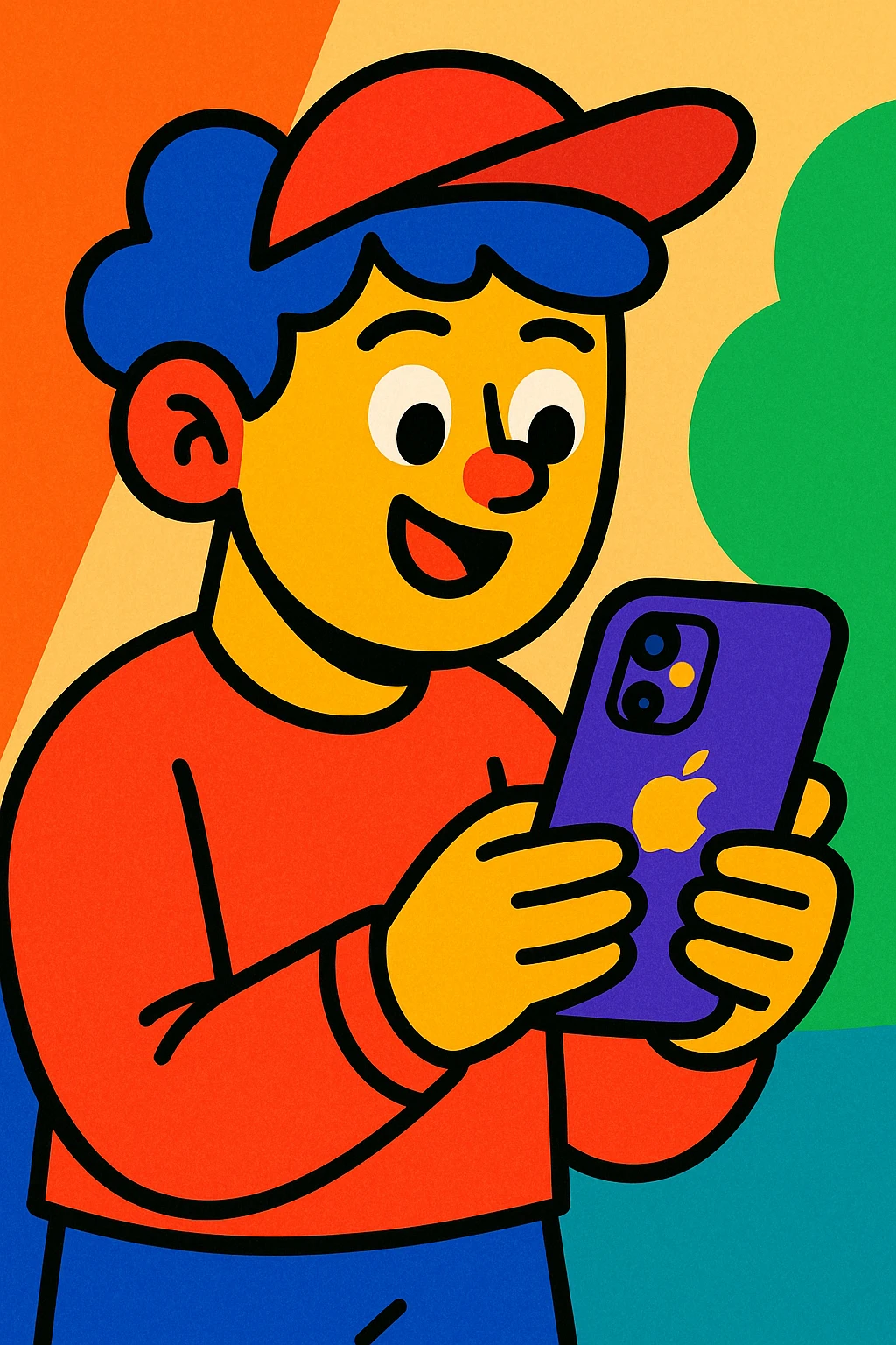 person using an iPhone, colorful, playful, cartoon style emoji