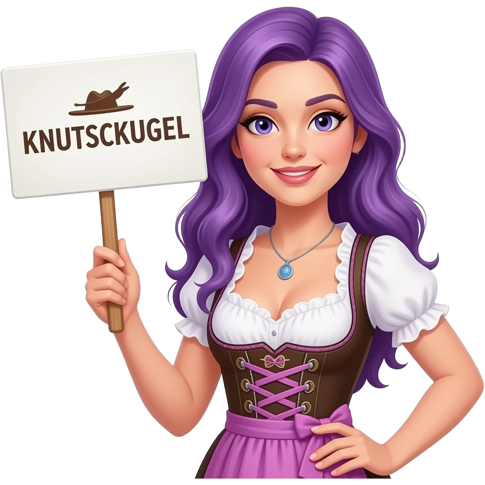 sexy girl with long purple hair wearing a dirndl holding a KNUTSCHKUGEL sign emoji