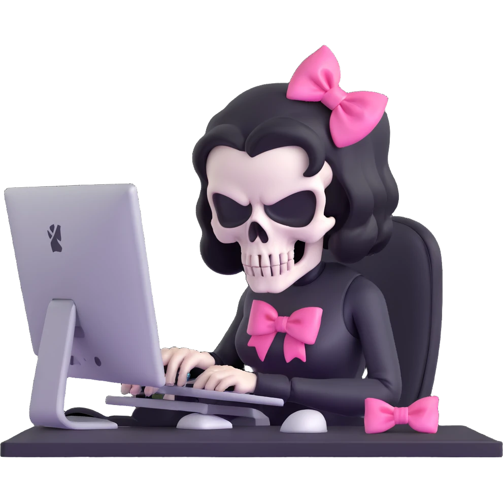 female Punisher skull character with pink bow working on computer emoji