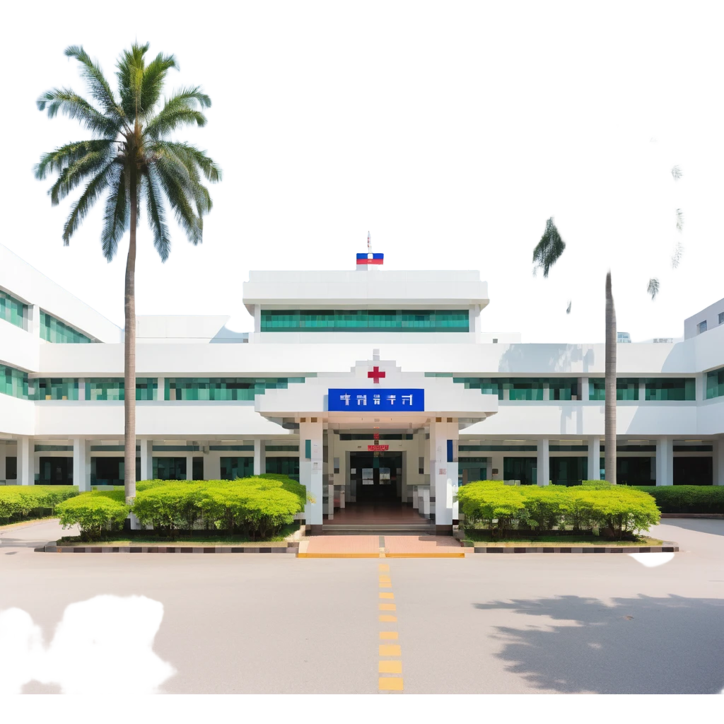 Bangkok hospital with tropical palm trees and Thai style entrance emoji