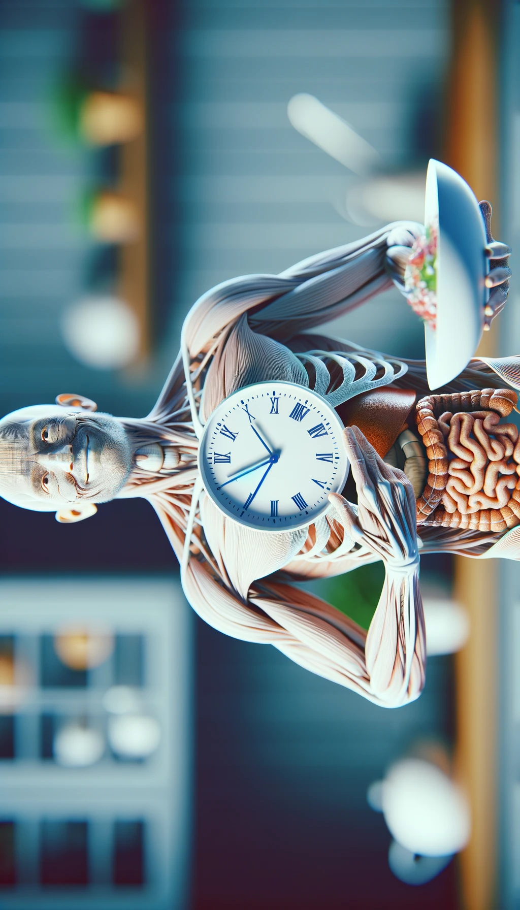 corpo umano anatomico, che tiene in mano un piatto bianco con la lancette di un orologio sopra, figura visibile fino ai fianchi, espressione del volto soddisfatta, sullo sfondo la sua cucina sfocata, iperrealistico 4k emoji