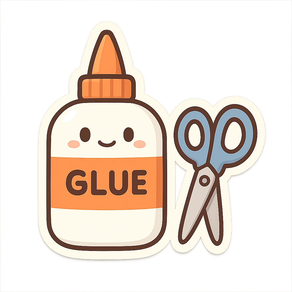 bottle of glue with orange label and tip and a pair of blue scissors, flat toon vector illustration emoji