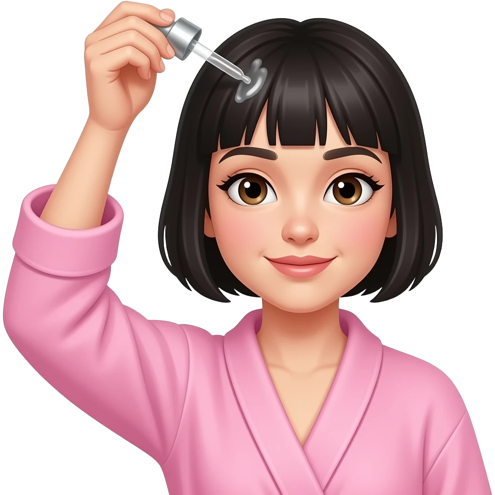 White girl taking care of her black short hair by giving herself a hair tonic massage with a dropper, wearing a pink robe, iPhone emoji style emoji