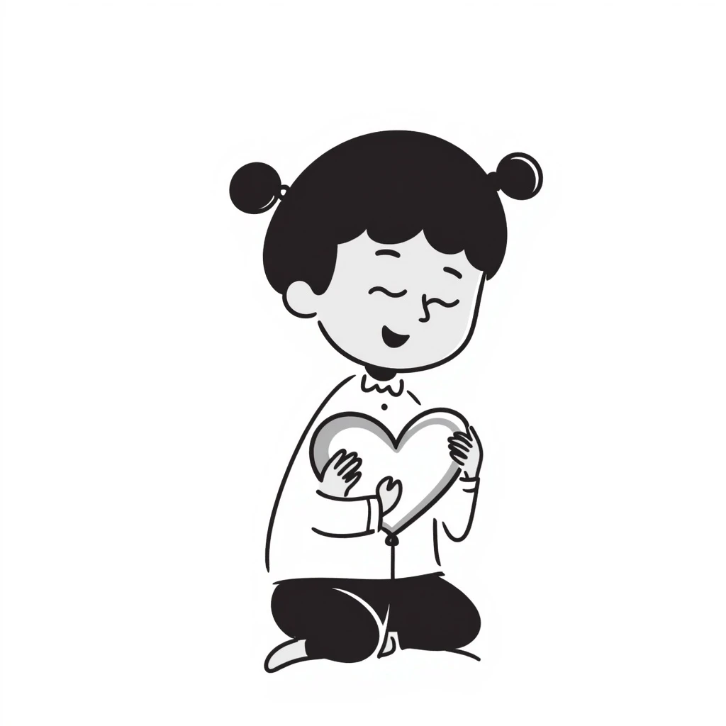 A baby girl holds a heart emoji