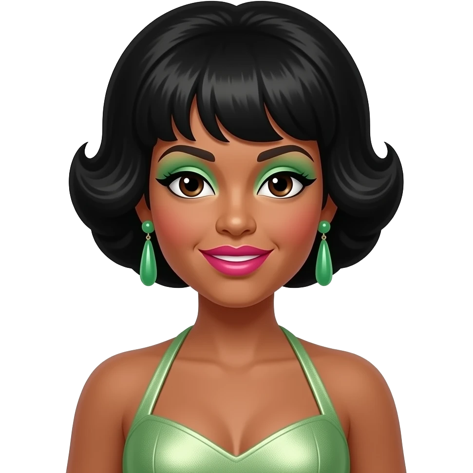 Mary Wilson from The Supremes with dark brown eyes, black beehive hair, light green eyeshadow, hot pink lipstick, light green metallic halter dress, green earrings emoji