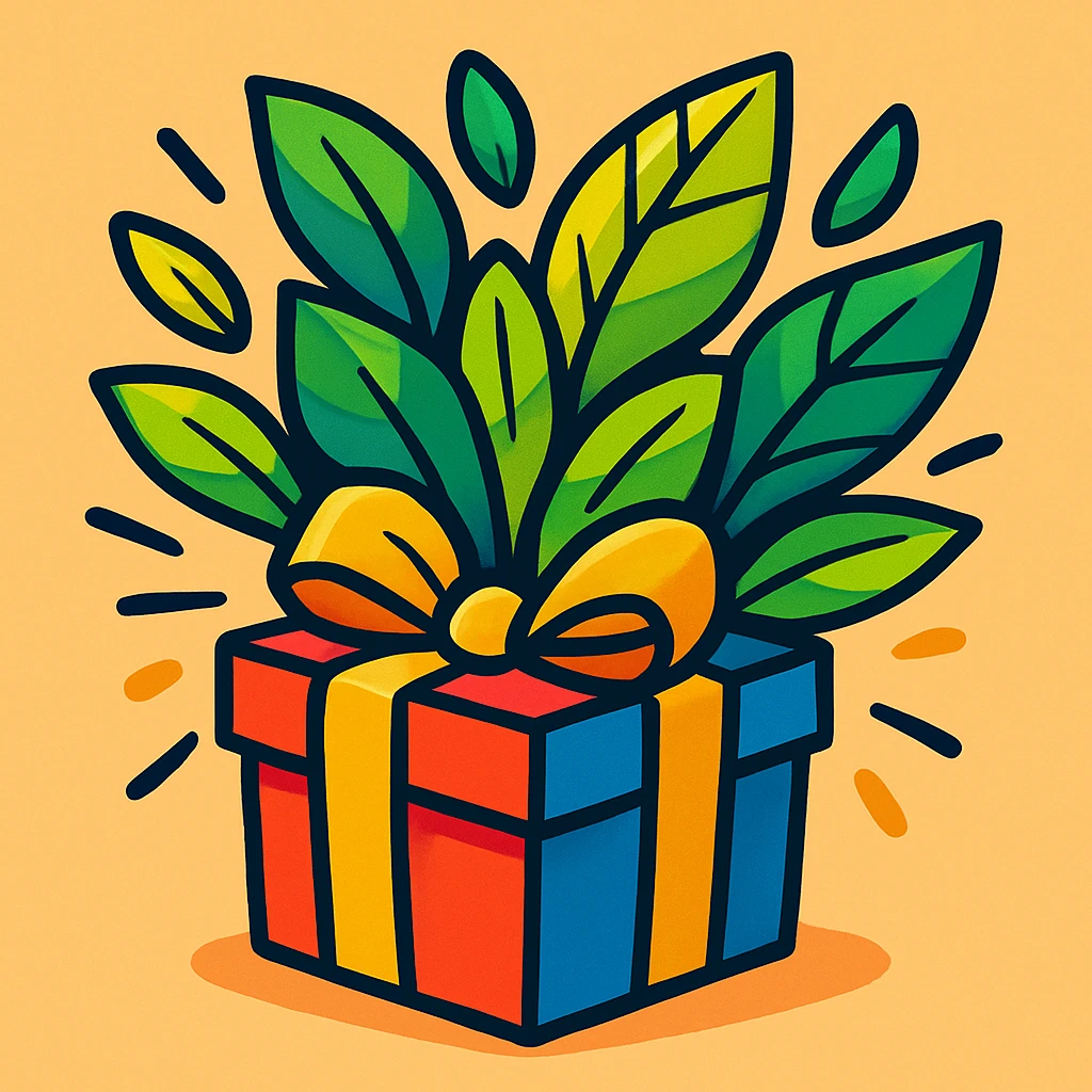 leaves bursting out of a gift box, vibrant and lively emoji