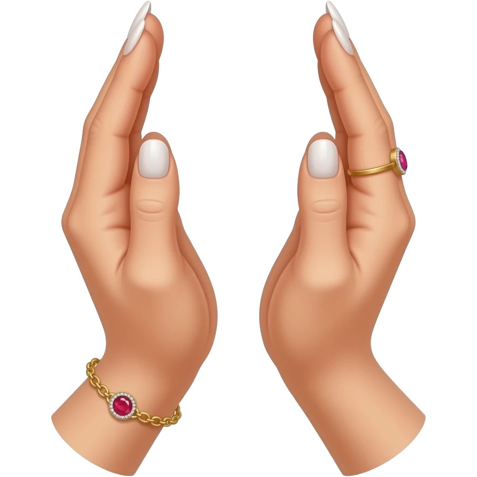 Two hands holding the position for dua in Islam, white elegant woman hands with acrylic nails and golden jewellry bracelet and a van cleeef bracelet too and a ruby ring, showing the palms of the hands to me emoji
