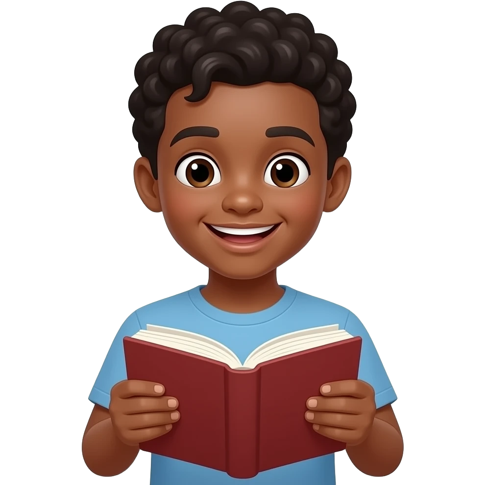 teenage boy reading a book looking happy, dark skin emoji