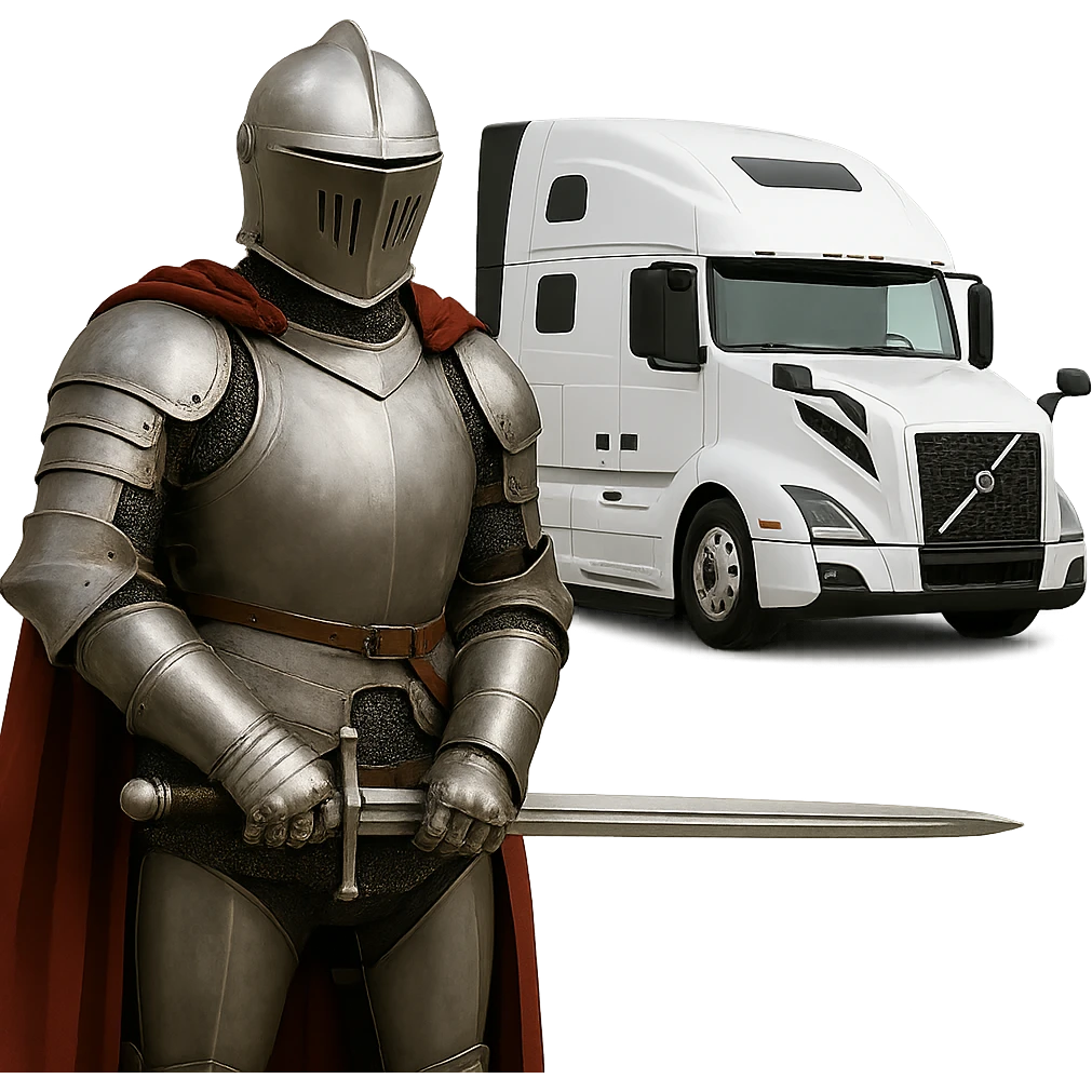 Remove the background, keep only the white knight and the 2022 white Volvo semi sleeper truck with transparent background. emoji