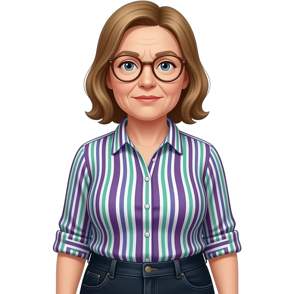 make miss Pevenage with light brown hair she is also a littel fat and she has a pair of rond glasses and she has a blouse with purple, green and white lines and black jeans and make the face thicker and make wrinkles emoji