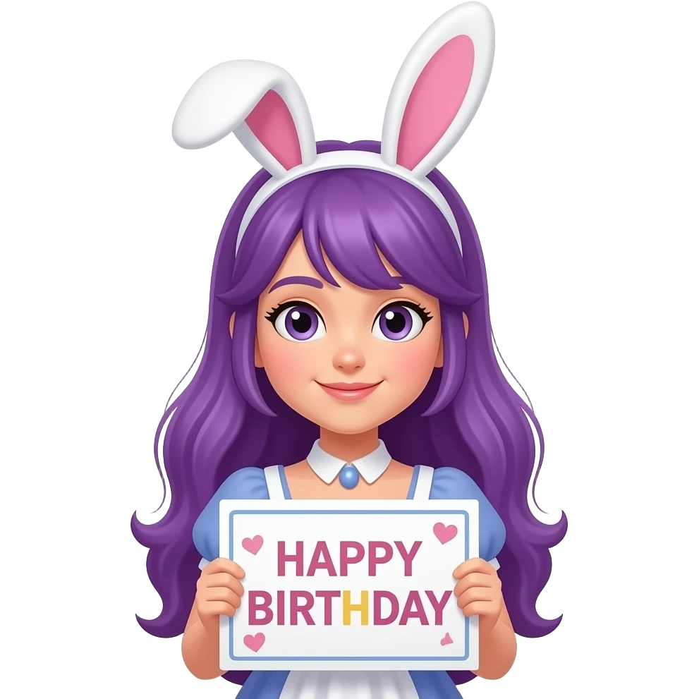 girl with long purple hair wearing a easter costume holding a HAPPY BIRTHDAY sign emoji