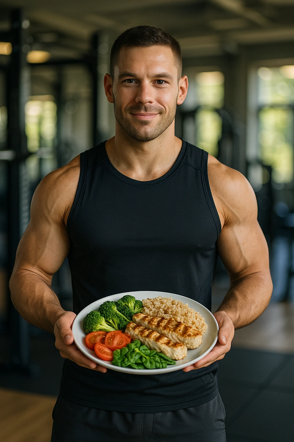 "Un uomo bodybuilder (30-35 anni) che migliora la sua composizione corporea e mangia sano emoji