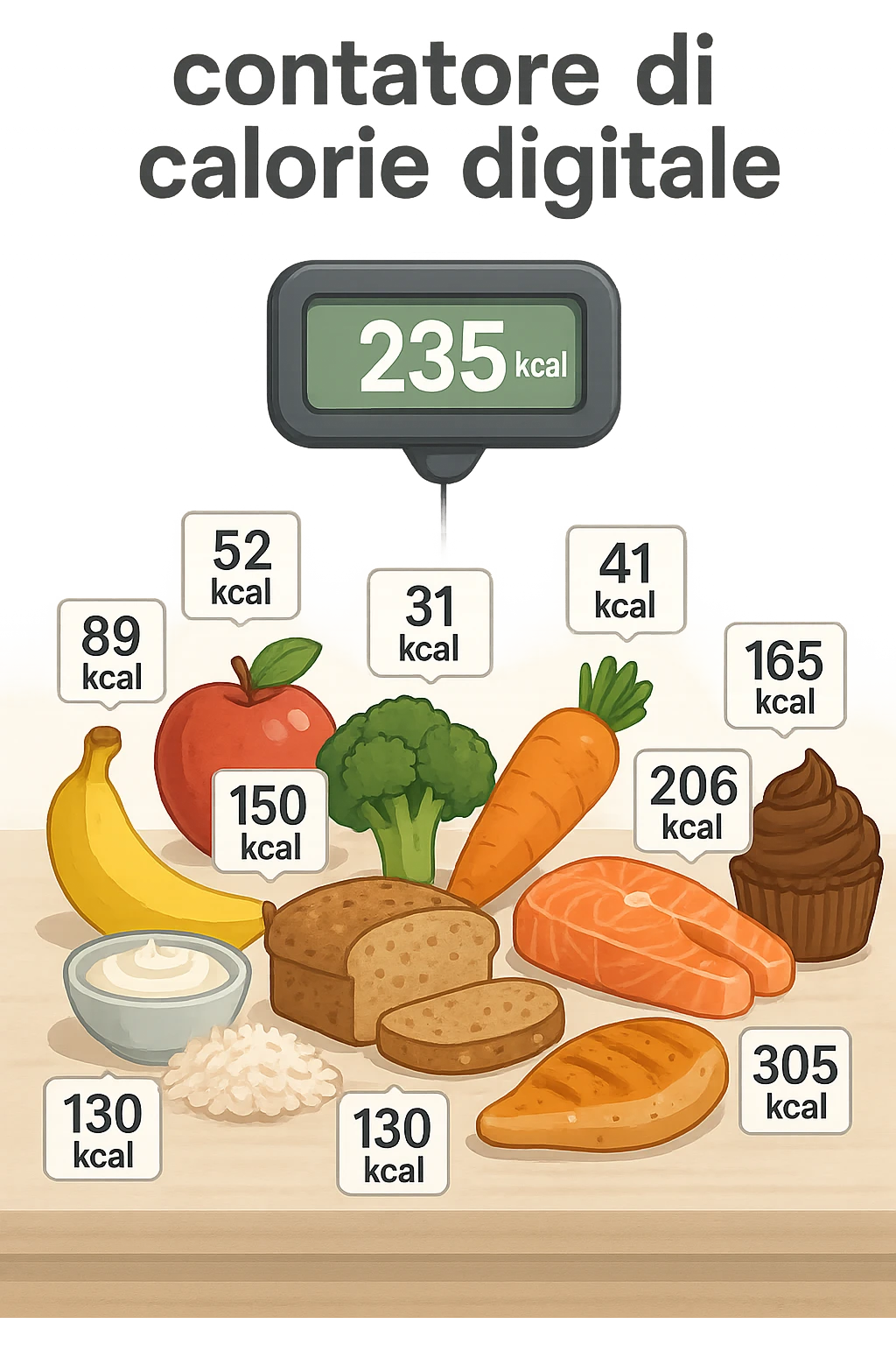 a digital calorie counter hovers above a variety of foods arranged on a table—fruits, vegetables, grains, meats, and desserts. Each food has a floating label showing its calorie content. The background is clean and modern, emphasizing the educational aspect of calorie awareness. scritto in italiano emoji